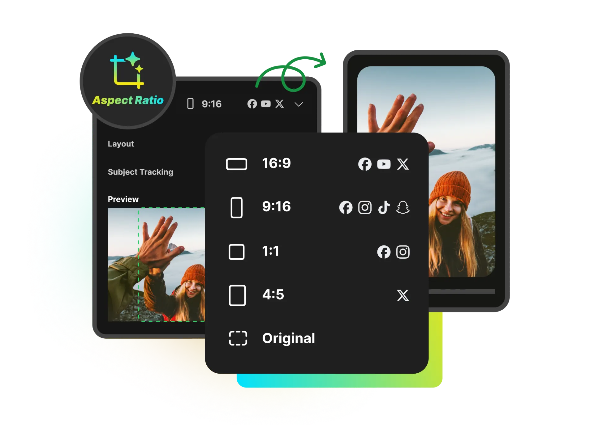 A video being reframed from horizontal to vertical format with subtitles automatically repositioned for different social media platforms